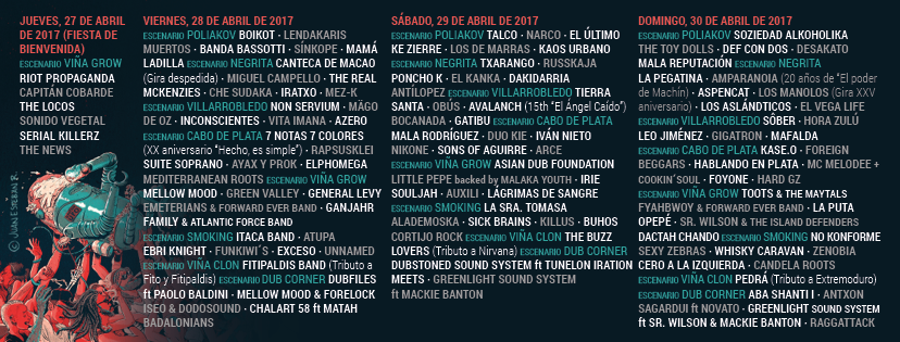 HORARIOS DE ACTUACIONES DEL FESTIVAL «VIÑA ROCK 2017».